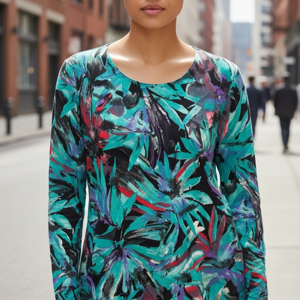 Printed Long Sleeve Scoop Neck Tee in Teal Multi